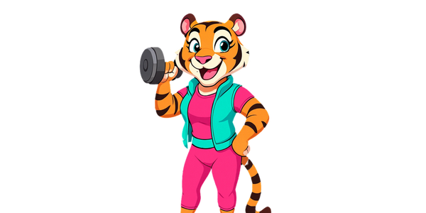 Luma  Tiger holding a dumbbell, representing strength, habit-based weight loss, and women’s fitness