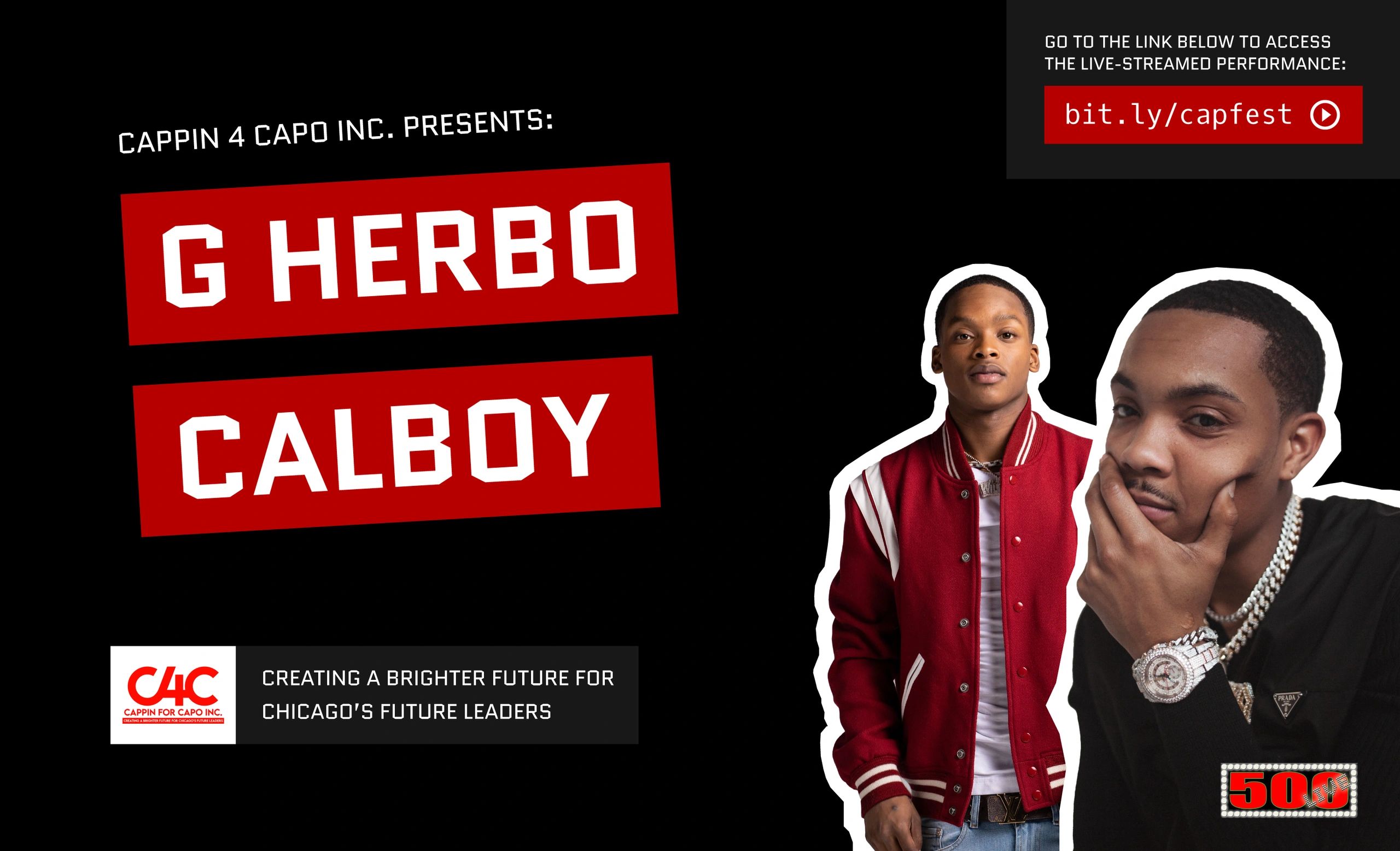 A graphic promoting a concert with artists G Herbo and Calboy. 