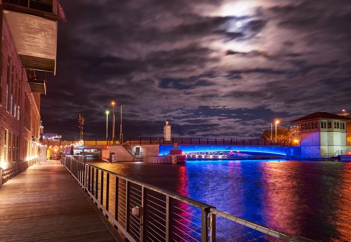 Riverfront in Manitowoc, WI with full moon, Fri. 13th, Sept. 2019.