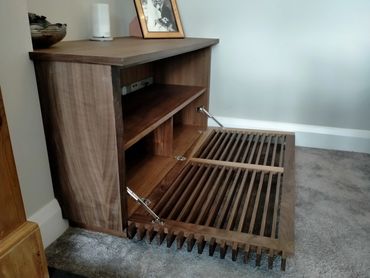 Pair of fitted walnut media units and floating shelves, EN5