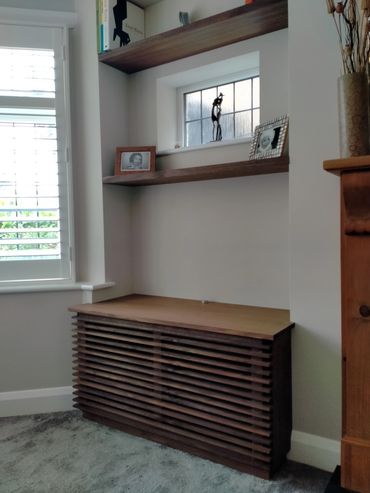 Pair of fitted walnut media units and floating shelves, EN5
