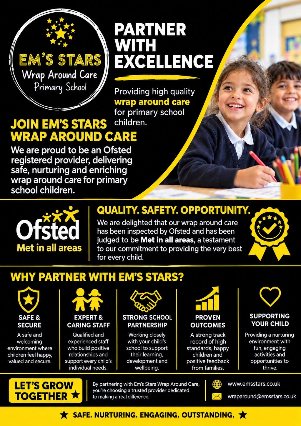 Flyer for Em's Stars Wrap Around Care for primary school children.