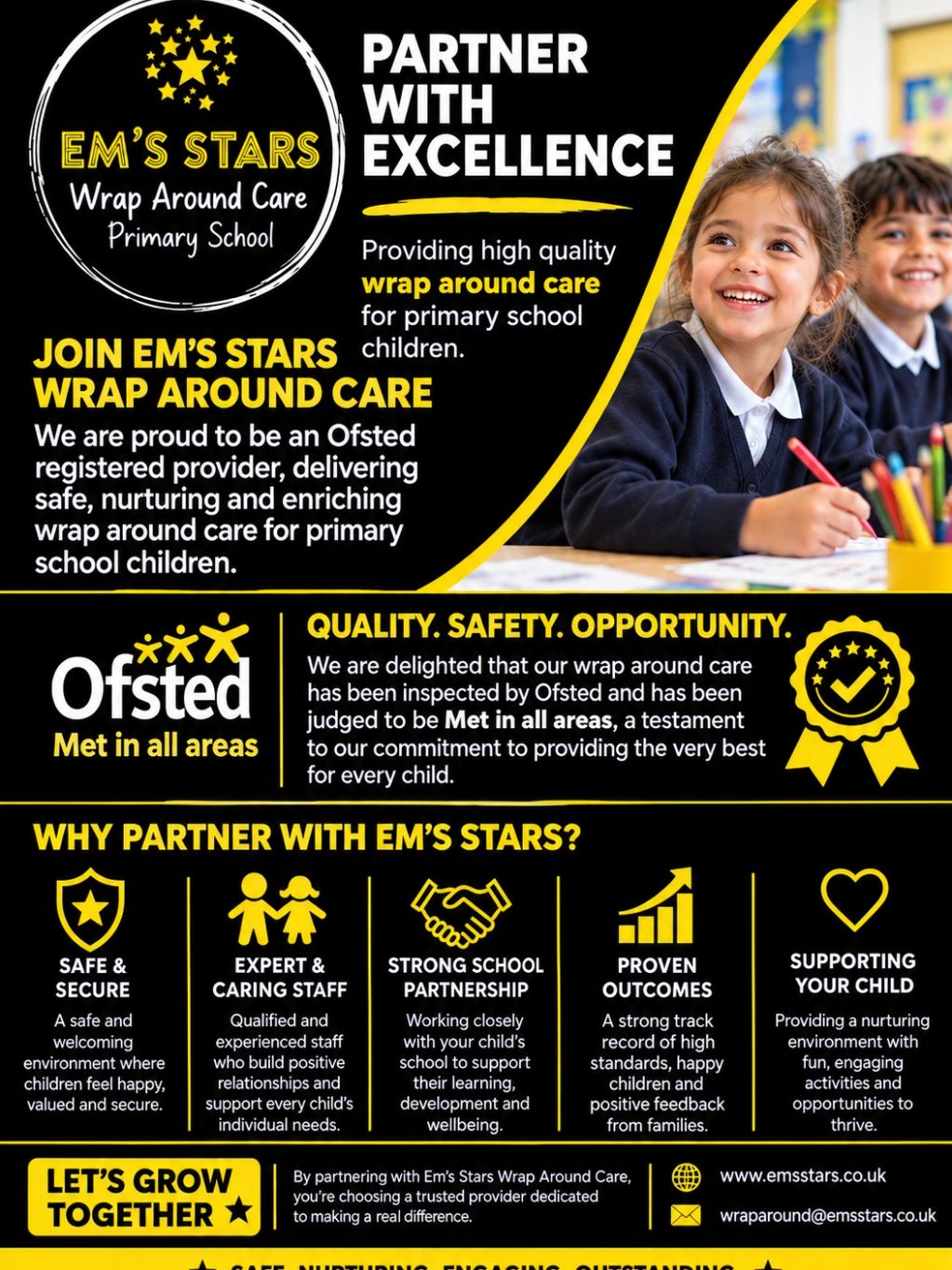 Flyer for Em's Stars Wrap Around Care for primary school children.