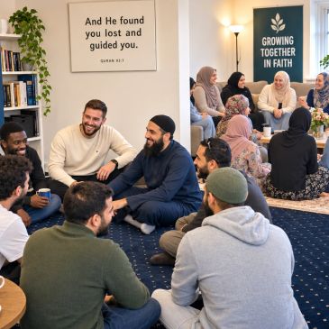 Converts and reverts gathered at a Reverts Together event, learning about Islam and enjoying bonds of friendship