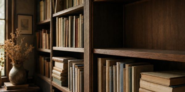 Bookshelves filled with old books in a cozy room.