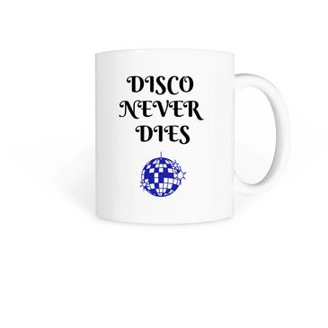 White mug with 'DISCO NEVER DIES' and blue disco ball graphic.