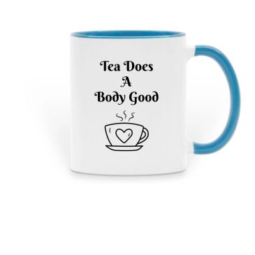 White mug with blue handle and rim, featuring a tea-themed quote.