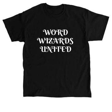 Black T-shirt with 'WORD WIZARDS UNITED' text in white.