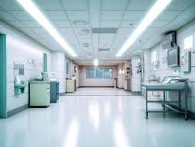 A clean, empty hospital corridor with bright lighting.