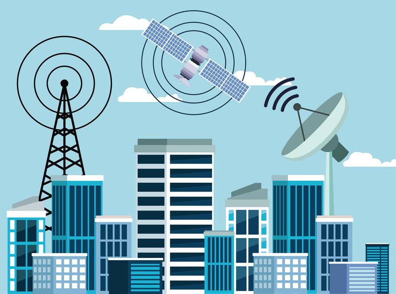 Cityscape with communication tower, satellite, and satellite dish transmitting signals.