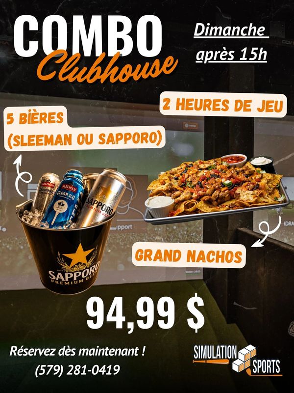 Combo Clubhouse offer: 5 beers, 2 hours of play, and grand nachos for $94.99 on Sundays after 3 PM.