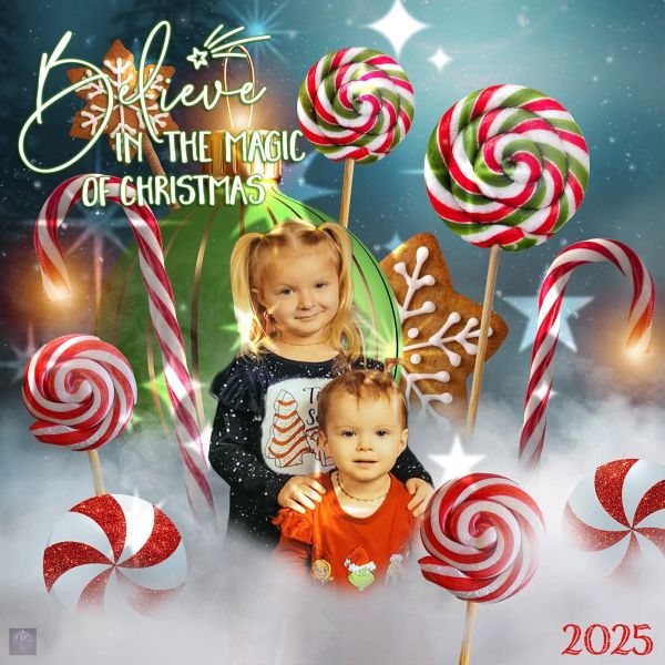 Two children surrounded by Christmas sweets and decorations.