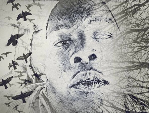 Artistic sketch of a man's face with overlay of birds and tree branches.