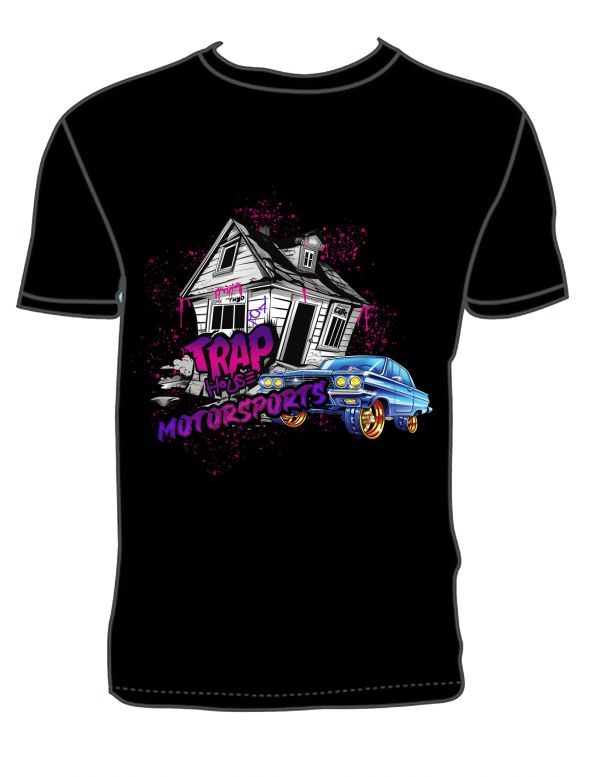 T-shirt with trap house and blue car graphic and purple text.