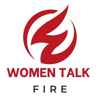 Logo featuring a red flame design with the text 'WOMEN TALK FIRE'.