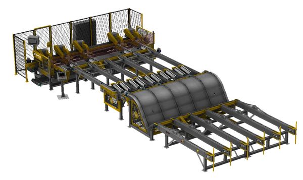 Industrial automated machinery with safety barriers and conveyor system.