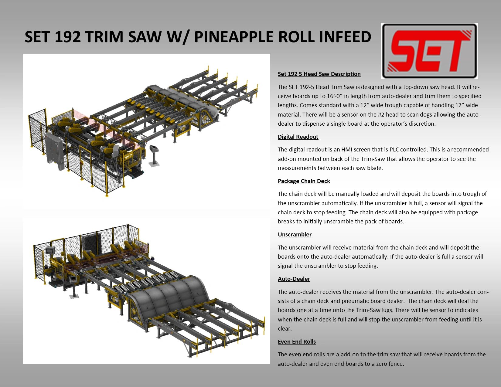 SET 192 Trim Saw machine with pineapple roll infeed and detailed operational description.