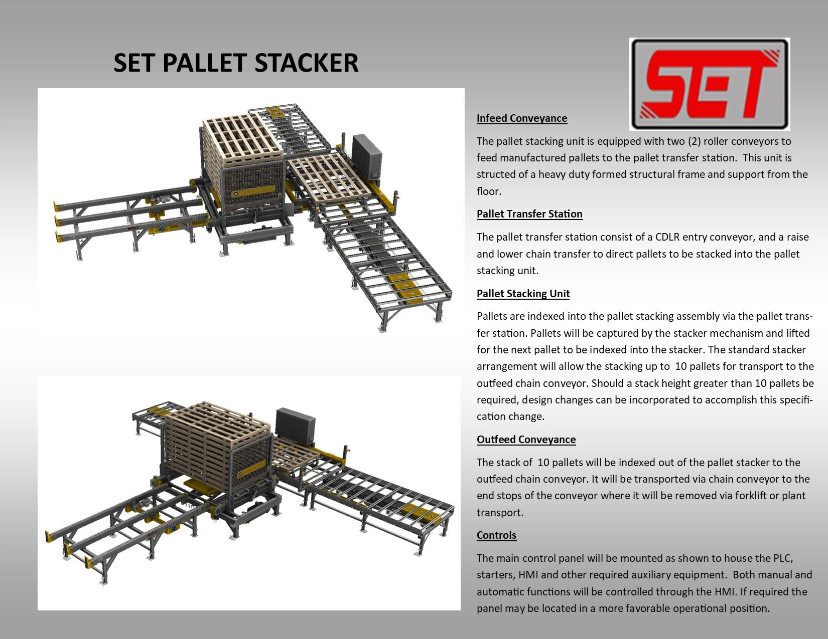 Industrial pallet stacker system with conveyors and structural frame for efficient pallet handling.