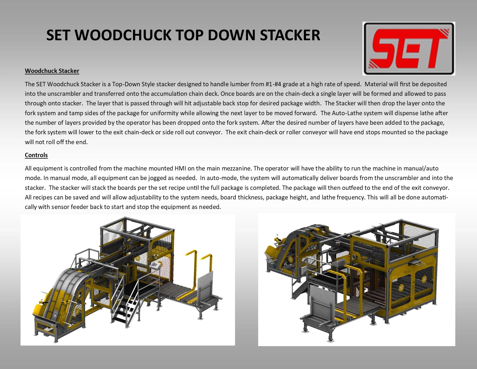 Industrial SET Woodchuck Top-Down Stacker for efficient lumber handling and stacking.
