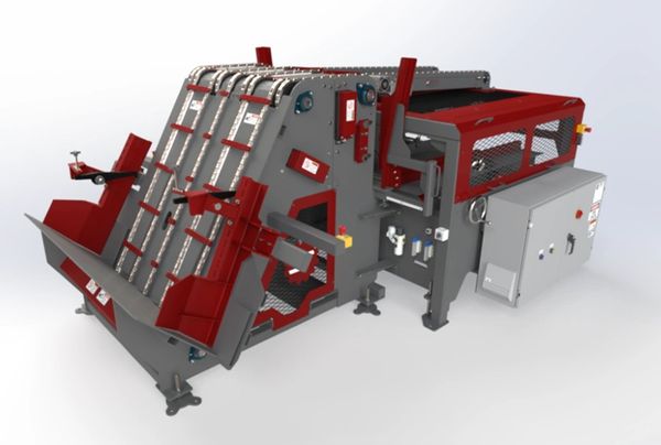 Industrial machine with red and gray components, likely for processing or manufacturing.