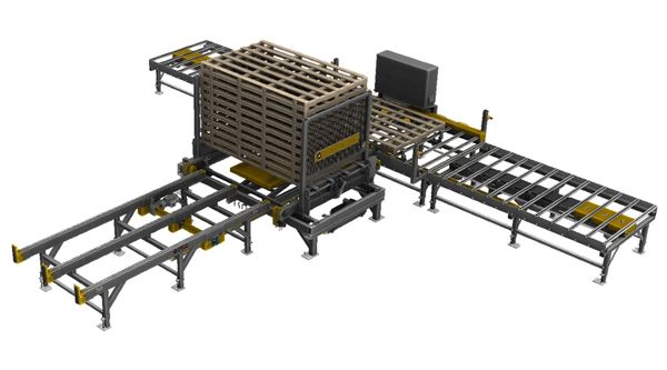Industrial conveyor system with metal rollers and a cage-like structure for material handling.