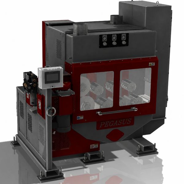 Industrial machine labeled PEGASUS with visible rollers inside a protective casing.