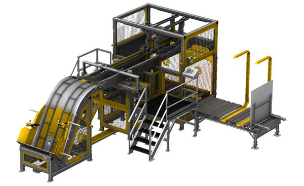 Industrial machinery with conveyor belts and safety railings for material handling.