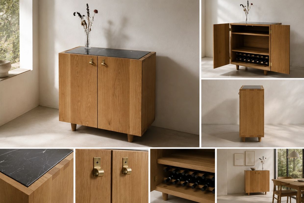 Elegant wooden cabinet with black marble top and brass handles, featuring wine storage and shelves.