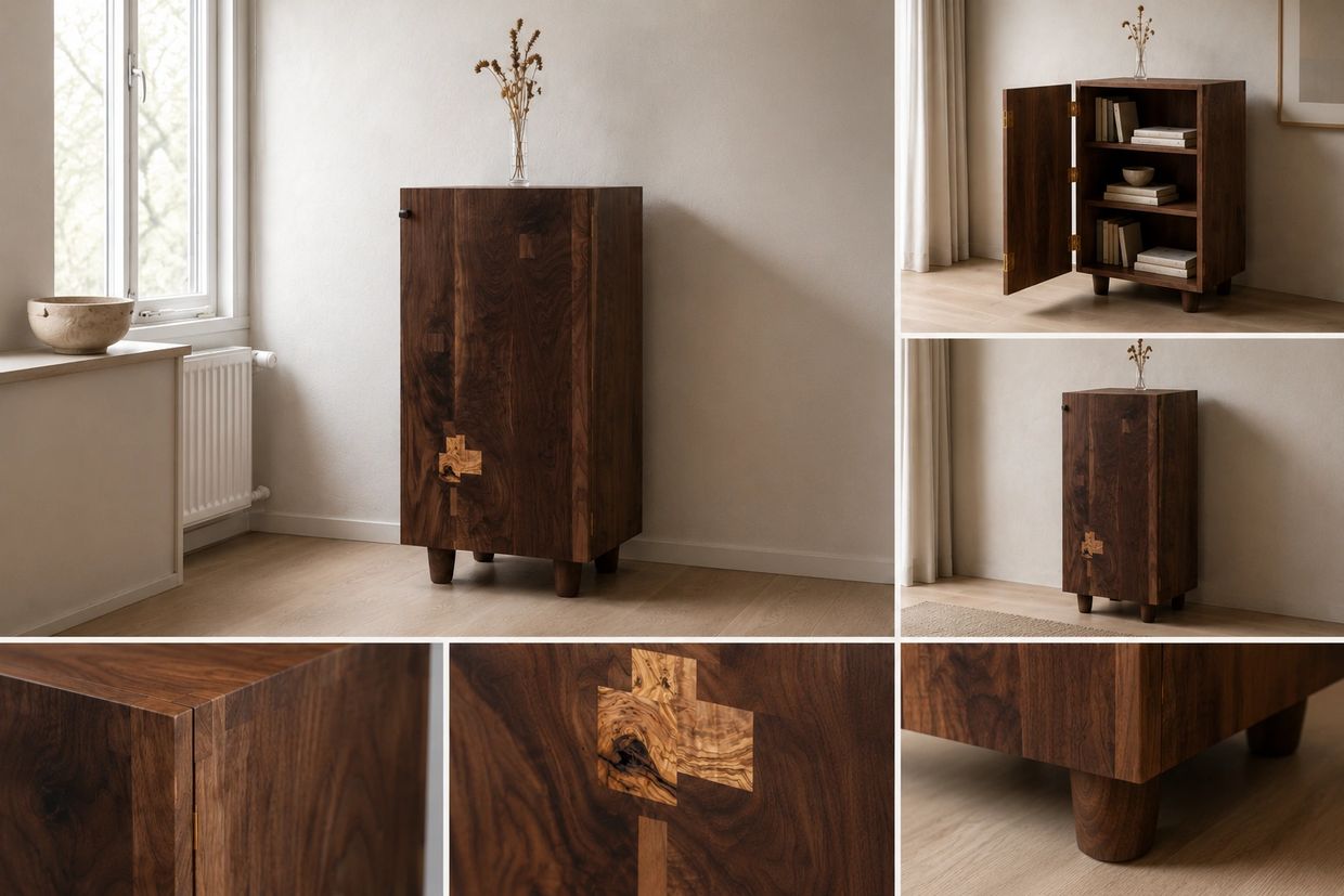 Elegant dark wooden cabinet with intricate grain details and minimalist design.