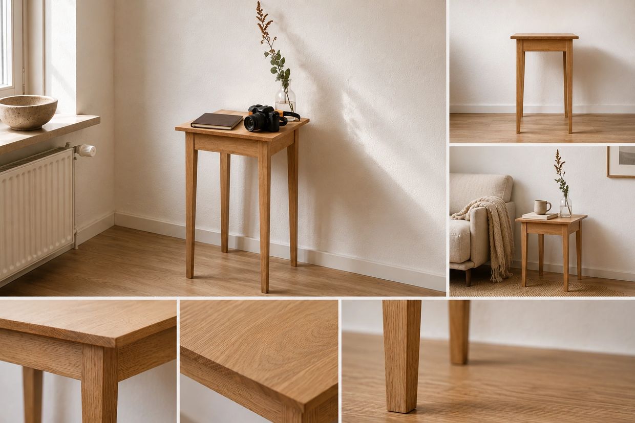 Minimalist wooden side table in a cozy room with natural light.