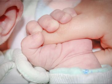 A baby holding an adult's finger gently.