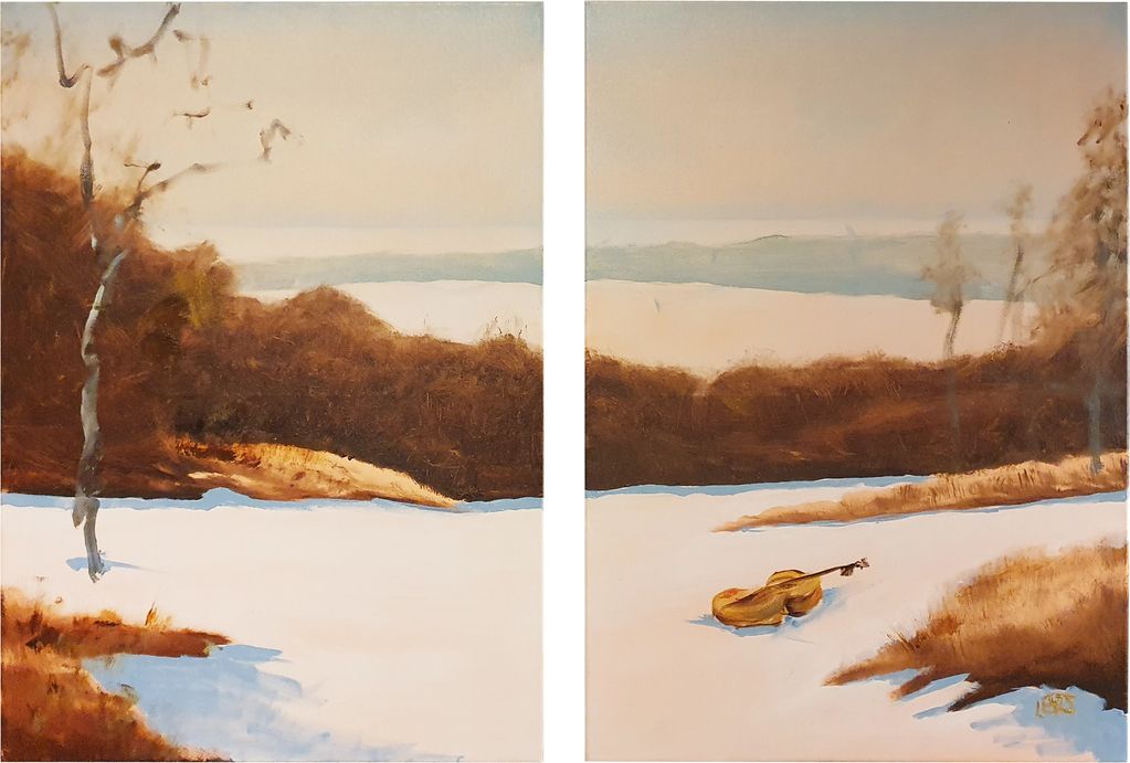  A diptych landscape painting featuring a cello melting in the snow. Original art.