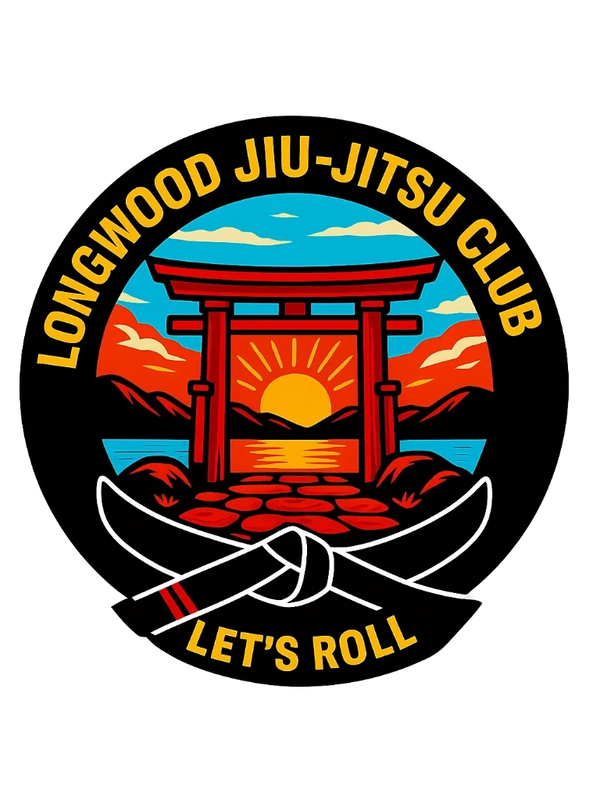 Logo of Longwood Jiu-Jitsu Club with a sunset and martial arts black belt.