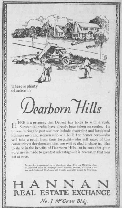 Vintage real estate ad for Dearborn Hills.