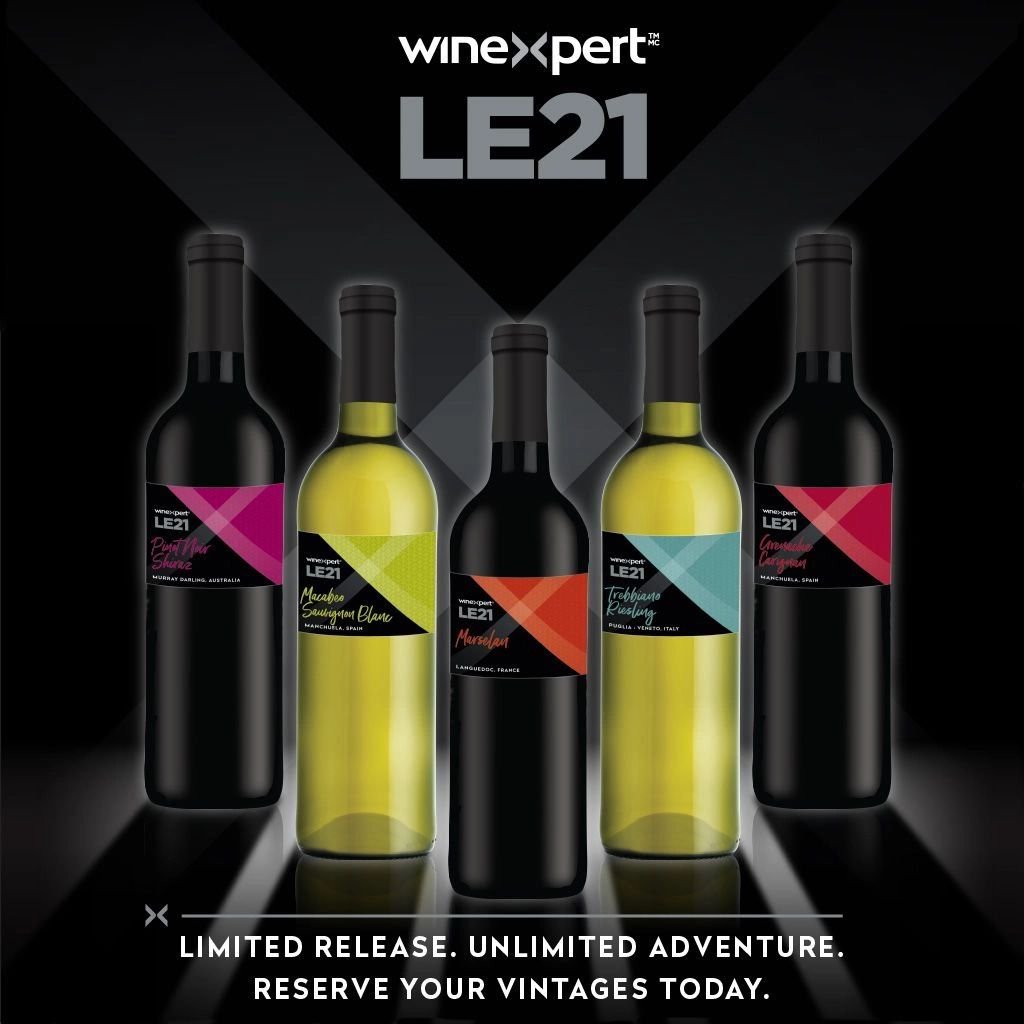 Five wine bottles from Winexpert LE21 collection with vibrant labels.