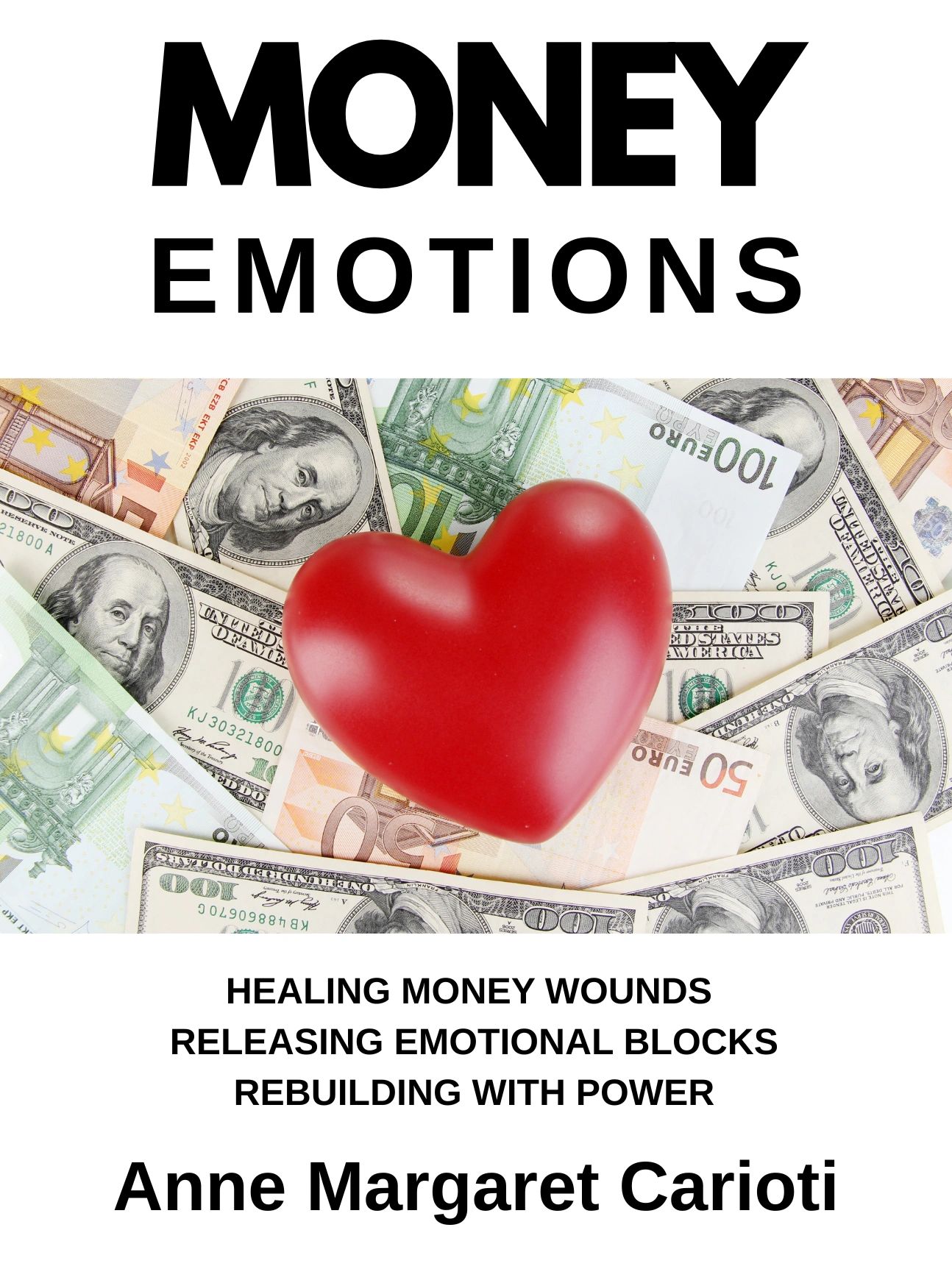 Red heart on various currencies with text about healing money wounds and emotions by Anne Margaret Carioti.
