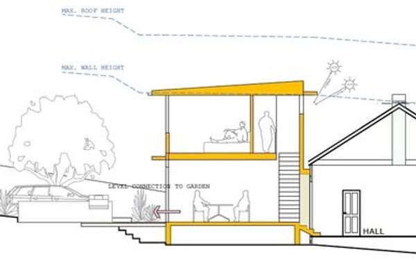 Architectural drawing showing house roof cross-section.