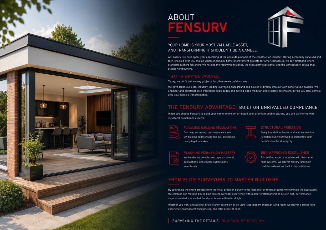 Modern home extension with open-plan design and Fensurv company info.