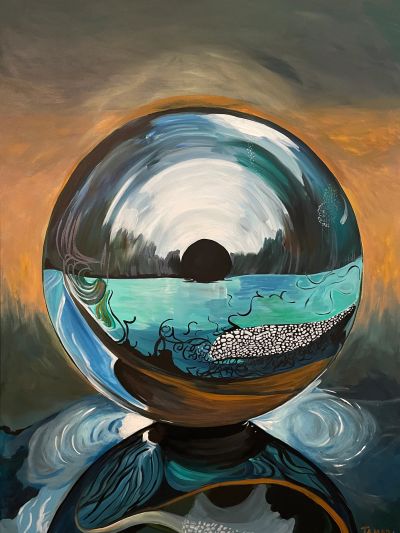 A reflective spherical object showcasing a surreal landscape with water and sky.