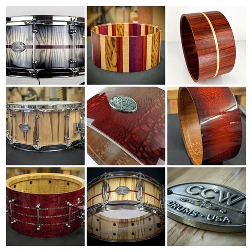 Collage of custom wooden snare drums and drum shells with CCW Drums USA badges.