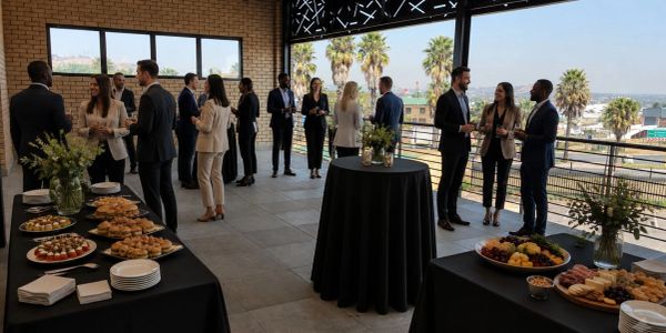 Professionals networking at a catered outdoor event with light refreshments.