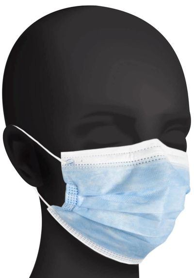 3-Ply Disposable Face Mask on a Black Fake Human Head 