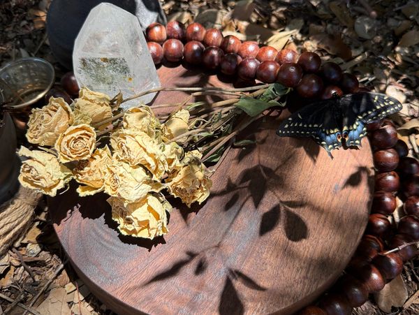 Dried yellow roses, a crystal, and a butterfly on a wooden surface surrounded by beads.
