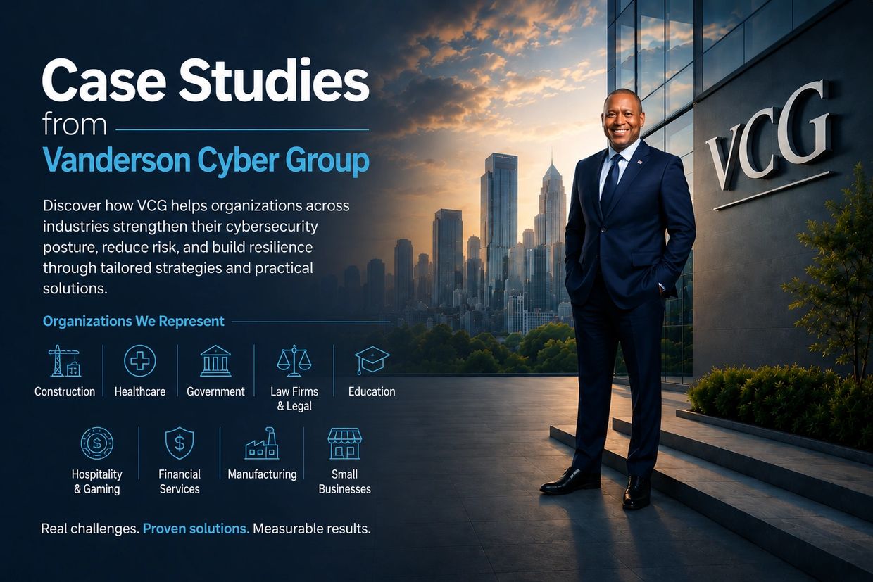 Case studies from Vanderson Cyber Group showcasing cybersecurity solutions for various industries.
