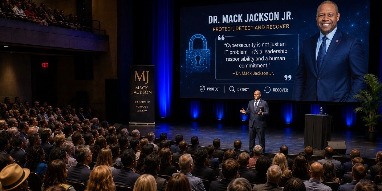 Dr. Mack Jackson Jr. giving a cybersecurity keynote to a large audience.