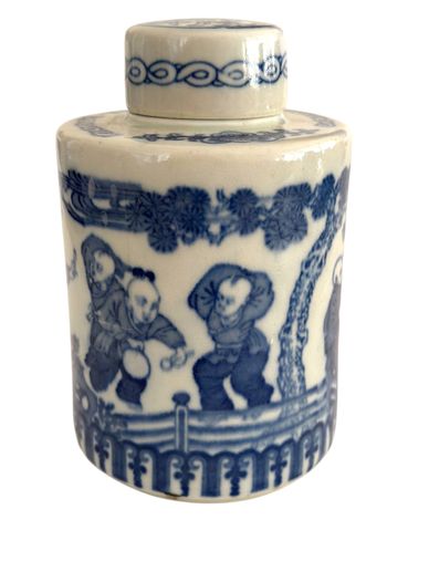 Blue and White Chinese Porcelain Tea Caddy with Boys at Play Motif