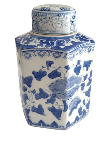 Chinese Export Blue and White Hexagonal Chinoiserie Tea Caddy