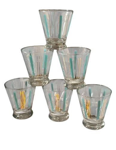 Mid Century Turquoise and Gold Barware Glasses – Set of Six