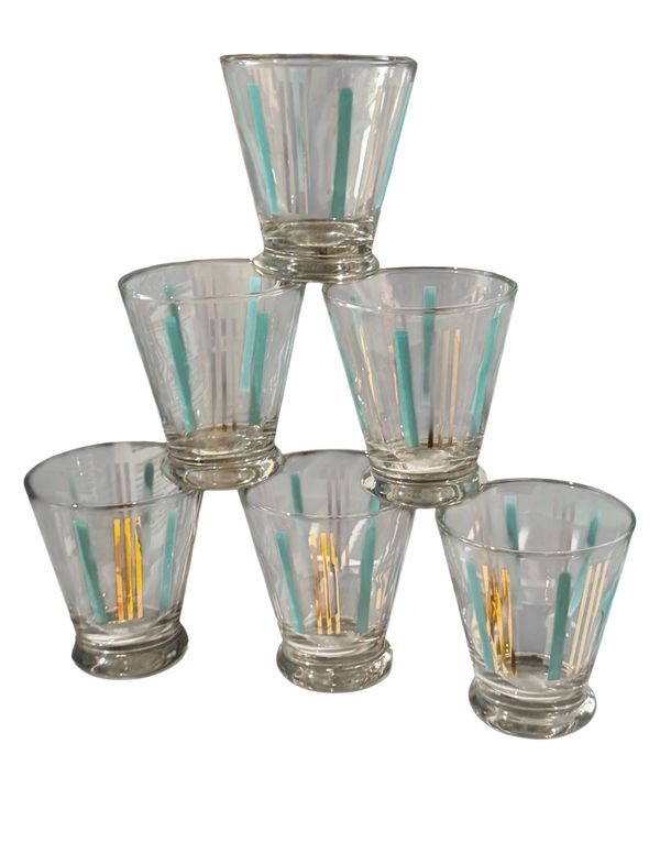 Mid Century Turquoise and Gold Barware Glasses