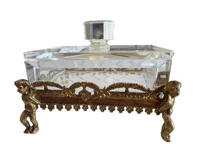 Crystal and Bronze Dresser Box with Cherubs